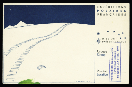 Groenland n°24 OBL CAD "SDR Stromfjord (1959) sur carte postale Samivel avec griffe encadrée bleue "expédition glaciologique internationale au Groenland 1957 - 1960" et signature PEV. TB