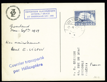 Groenland n°24 OBL CAD "SDR Stromfjord (1959) sur CP PEV (2 explorateurs en véhicule à chenilles se rencontrant) avec griffe bleue "courrier transporté par hélicoptère" et signature PEV. TB