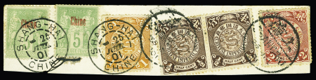 Chine Bureaux français n°2, 2 pièces OBL Shang-Haï (1901 + Chine n°46, 2 pièces + 48 OBL Shanghaï sur fragment. TB