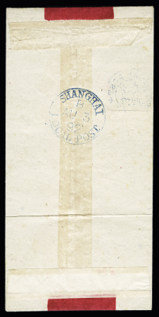 Chine TP orange surchargé "2 cts" OBL CAD "Local post Shanghaï" sur enveloppe de mandarin. TB
