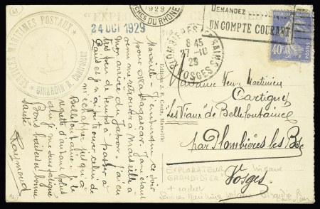 France n°237 OBL Marseille (1929) sur carte postale avec cachet bleu avec ancre "Services maritimes postaux Girardin R.Contrôleur". TB