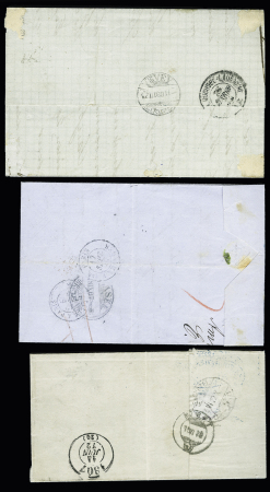 3 lettres AFF n°30, 30c brun (nuances diverses) OBL Le Havre, Amiens et Lyon à Paris, pour la Suisse. TB