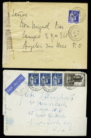 FM n°10 OBL CAD "Camp de Gurs Basses Pyrénées" (27.9.39) sur lettre d'un réfugié espagnol avec griffe violette "censure militaire" et n°393 + 288 en bande de 3 OBL CAD "Camp de Gurs Basses-Pyrénées" (24.2.41) sur