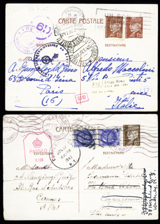 2 entiers cartes postales 80c et 1F20 Pétain adressés aux USA et en Italie avec censures diverses (1942). TB