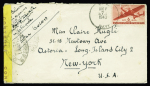 USA PA n°26 (non surchargé) OBL grand CAD "US Navy" (7 nov 43) sur lettre censurée par avion émanant du bâtiment de ligne Richelieu. TB