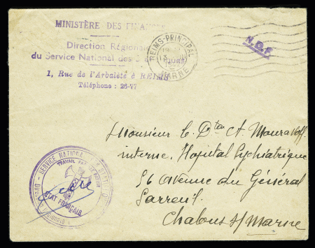 Lettre en franchise de Reims (1942) avec cachet violet avec francisque "Service national des statistiques Travail Famille Patrie - Etat français". TB