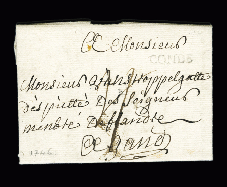 MP "CONDE" (L n°2A, ind 16) sur lettre 1746 pour Gand,