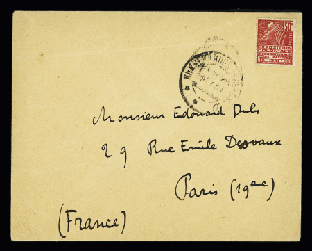 1ère tentative France-Japon par Duret, Le Brix et Mesmin accident de Nijni-Oudinsk (Sibérie le 13.7.1931). Env ordinaire privée AFF n°272, 50c femme Fachi non oblitéré (pli confié au dernier moment aux aviateurs) 