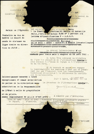 Document exceptionnel et émouvant : laissez passer autorisant le survol de la France du Trait d'Union 1 pour la tentative France Japon du 13 juillet 1931, le document est prorogé de 3 mois à compter du 28 aout 1931 po