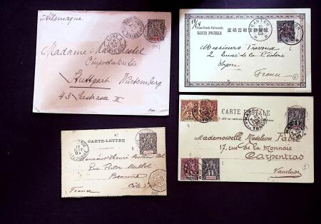 TYPE GROUPE DES COLONIES : 10 plis dont Canton n°10 OBL Canton (1903), Bénin n°23 en bande de 3 OBL CAD "Grand-Popo Dahomey et depces" (1903). TB