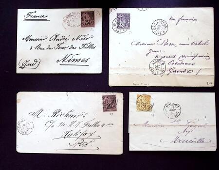 TYPE ALPHEE DUBOIS : 4 lettres : Col. Gen n°53 OBL "Martinique Saint-Pierre (1882), n°54 OBL CAD "Cayenne Guyane" (1891), n°54 OBL CAD "Sénégal St Louis" (1893) et Saint-Pierre et Miquelon n°25 OBL (1893) sur lettr