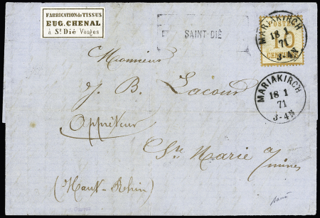 Collection d'exposition sur les Vosges Alsace n°5 OBL CAD "Mariakirch" (18.1.71) sur lettre avec griffe "Saint Dié" (18.1.71) sur lettre de Saint Dié pour le Haut Rhin. TB