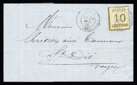 Alsace n°5 OBL CAD français T17 "Nancy (52)" (26 nov 70) sur lettre pour Saint Dié. TB