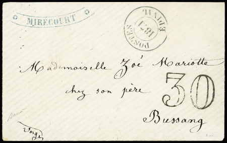 LST avec petit cachet bleu "Postes Epinal 1871" + marque cintrée "Mirecourt" et taxe 30 double-trait pour Bussang. TB