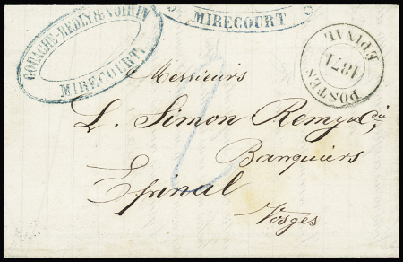 LST de Mirecourt pour Epinal avec petit cachet provisoire noir "postes 1871 Epinal" + marque cintrée bleue "Mirecourt" et taxe 2 au crayon bleu. TB