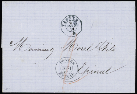 LST avec CAD télégraphique bleu "Vagney" (8 fev 71) pour Epinal avec petit cachet provisoire noir "postes 1871 Epinal". Certificat RHP et taxe 2 au crayon rouge. Association rare. TB