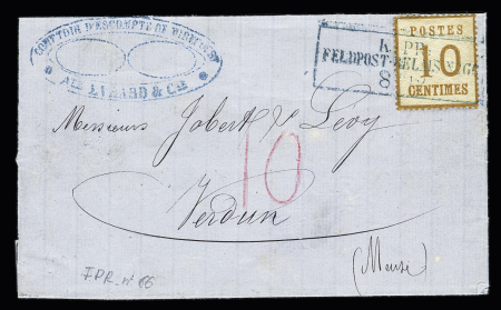 Alsace n°5 OBL cachet rect bleu "K. pr. Feldpost - relais n°66" (8.12) sur lettre pour Verdun avec taxe 10 au crayon rouge. TB