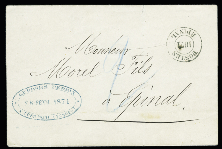 LST de Cornimont (Vosges) pour Epinal avec petit cachet rond noir "Postes Epinal 1871" et taxe 2 au crayon bleu. TB