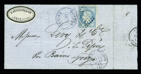 N°29 OBL GC 3570 + T16 St Dié des Vosges (82) (10 mars 1871) sur lettre pour Bains (Vosges) avec petit cachet noir "postes Epinal 1871". TB