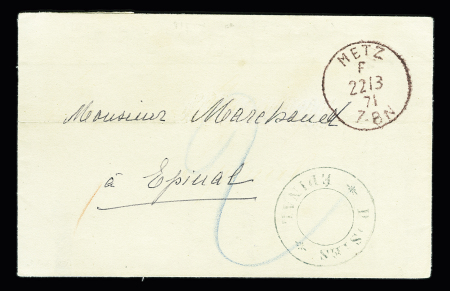 LST avec CAD brun-rouge "Metz F" (22.3.71) pour Epinal avec grand cachet provisoire bleu "Postes Epinal 1871" avec taxe 2 au crayon bleu. TB