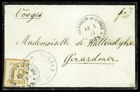 Alsace n°5 OBL CAD "Muhlhausen im Elsass" (13.1.71) sur env de deuil pour Gérardmer avec grand cachet provisoire noir "Postes Epinal". TB