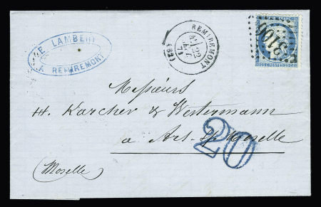 N°60 OBL GC 3106 + T17 "Remiremont (82)" (22 sept 1871) sur lettre pour Ars sur Moselle avec taxe allemande 20 double-trait en bleu. TB