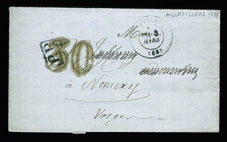 LST avec CAD T17 "Aillevillers (69)" (3 mars 71) + "PP" encadré noir (AFF en numéraire faute de timbres) sur lettre pour Nomexy (Vosges) avec taxe 30 double-trait rouge. TB