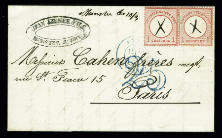 Allemagne n°4 en paire annulée croix à la plume, à côté OBL manuscrite "Munster le 10-3" (Ht Rhin) pour Paris avec CAD bleu "Paris étranger" (1872) et taxe 25 double-trait en bleu. TB