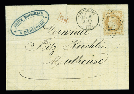 N°31 OBL GC 1787 + T16 "Héricourt (69)" (1872) sur lettre pour Mulhouse avec petit "PD" rouge encadré. TB