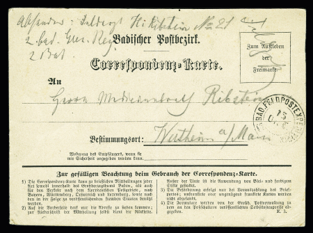 Carte postale "Badischer Postbezirk Correspondenz-Karte" utilisée par un militaire allemand avec CAD 2 cercles "Bad. Feldpost-expedition" (13.10.70) datée d'Epinal. TB