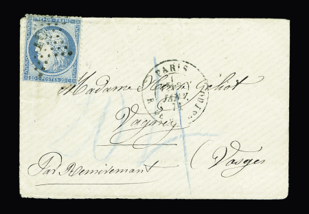 N°37 OBL étoile 16 + CAD "Paris R. de Palestro" (30.1.71) sur lettre pour Remiremont (Vosges) avec taxe 20 et 4 au crayon bleu. TB