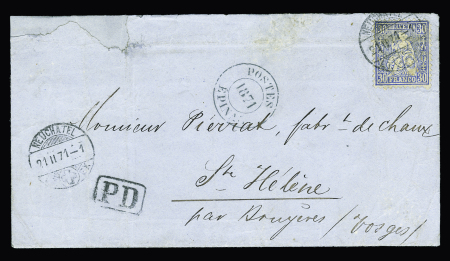 Suisse n°46 OBL Neufchatel (21.11.71) sur lettre pour Ste Hélène par Bruyères (Vosges) avec petit cachet provisoire noir "Postes 1871 Epinal". TB