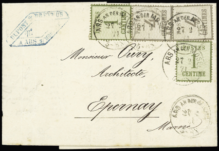 Alsace n°1, 2 pièces + n°3, 2 pièces burelage renversé, OBL CAD "Ars an der Mosel" (27.2.71) sur lettre pour Epernay (zone occupée). RR et TB. Certificat Behr. TB