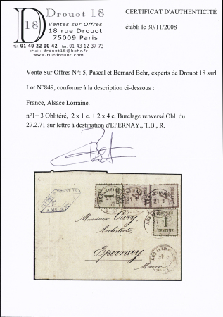 Alsace n°1, 2 pièces + n°3, 2 pièces burelage renversé, OBL CAD "Ars an der Mosel" (27.2.71) sur lettre pour Epernay (zone occupée). RR et TB. Certificat Behr. TB