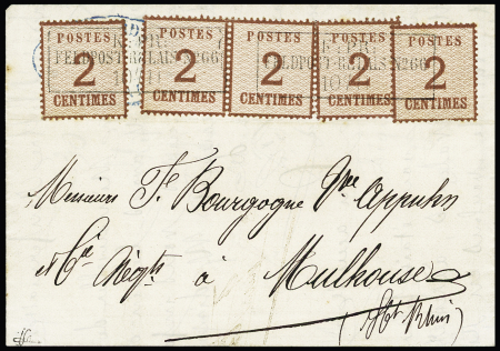Alsace n°2, 5 pièces, OBL CAD rect noir "K.pr. Feldpost-relais n°66" (10.11.70) sur lettre en zone occupée d'Epinal pour Mulhouse. TB