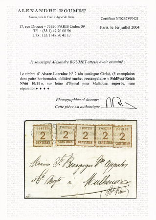 Alsace n°2, 5 pièces, OBL CAD rect noir "K.pr. Feldpost-relais n°66" (10.11.70) sur lettre en zone occupée d'Epinal pour Mulhouse. TB