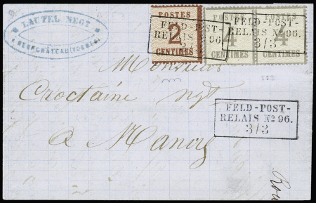 Alsace n°2 + 3 en paire OBL CAD rect "Feldpost-post relais n°96" (3.3.1871 - Neufchateau Vosges) sur lettre pour Nancy. TB