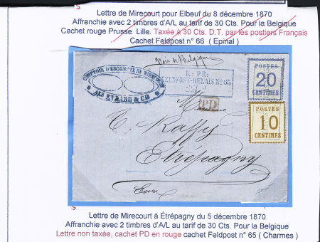 Alsace n°5 + 6 OBL CAD rectangulaire "K. pr. Feldpost-relais n°65" (Charmes - 5.12.1870) sur lettre pour Etrepagny. TB