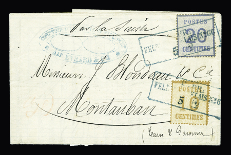 Alsace n°5 + 6 OBL CAD rectangulaire "K. pr. Feldpost-relais n°66" (Charmes - 5.12.70) sur lettre pour Montauban avec mention manuscrite "par la Suisse" avec mention "30" au crayon rouge pour confirmation de l'affranch