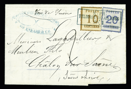 Alsace n°5 + 6 OBL CAD rectangulaire "K. pr. Feldpost-relais n°66" (28.1.71) sur lettre sur lettre au tarif de 30c pour la Suisse, adressée à Chalon sur Saône avec taxe 2 manuscrite à l'arrivée. TB