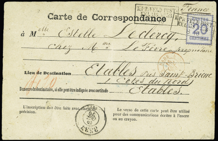 Alsace n°6 OBL CAD rectangulaire "K. pr. Feldpost relais n°58 (Meaux - 3.10.1870) pour Etables (Côtes du Nord) avec transit par l'Allemagne (CAD rouge "5 Bade 5 Strasbourg") mention au crayon rouge F20 de confirmation