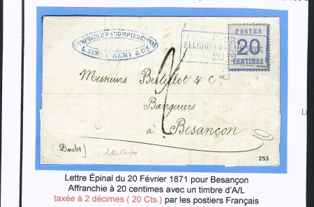 Alsace n°6 OBL CAD rectangulaire bleu "K. pr. Feldpost relais n°66 (20.12.70) sur lettre de Mirecourt pour Besançon avec taxe 2 manuscrite. TB