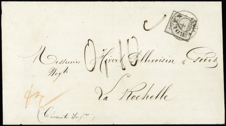 Alsace n°3, 4c gris-lilas, OBL cachet provisoire "Rouen 1871" sur faire part de deuil de Rouen pour La Rochelle (15.12.1870) avec taxe 0,10c par grammes pour lettre ouverte. RR et TB