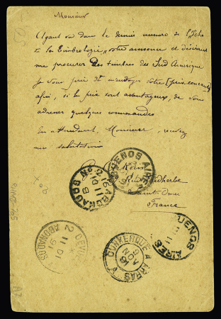 Entier carte postale 10c Sage OBL CAD "St Omer Pas de Calais" (1891) pour le Paraguay avec au recto CAD "Asuncion Paraguay". TB