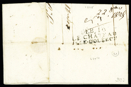 Le Château d'Oléron : lettre avec au verso MP "Deb 16 L Château Isle d'Oléron", (1825), ind 21, rare et TB