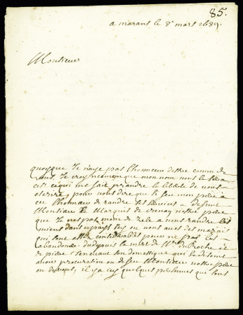 Marans : lettre de Marans (1689) pour la citadelle de Cazal (Lot) sans marque postale, ind 16, TB