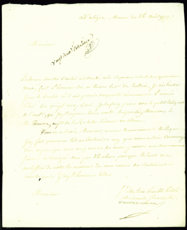MP "D'Aligre-Marans" en brun-rouge (Lenain n°5b - 1ère pièce vue) adressée au Comte Claude de Beauharnais près de Chantonnay en Vendée (1779), ind 20, rare, B/TB