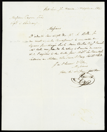 Lettre de Port-Louis (Ile Maurice) pour Bordeaux avec CAD rouge "Outre-Mer La Rochelle", mention manuscrite "Par La Cécilia", ind 13. TB