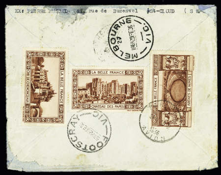 N°262, 20F Pont du Gard OBL Paris (1929) seul sur lettre avec au verso 3 vignettes bistres "La Belle France" pour Melbourne (Australie), quelques mouillures sinon TB. Cote 350€.