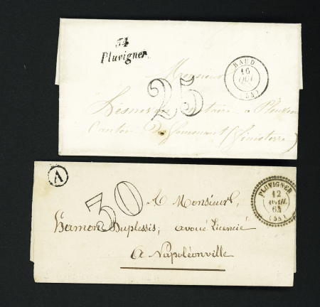 Pluvigner : 2 LST : cursive "54 Pluvigner" + T15 "Baud (54)" (1853) et T22 "Pluvigner (54)" (1864) + taxe 30 double-trait + boite rurale "A" de Camors. TB